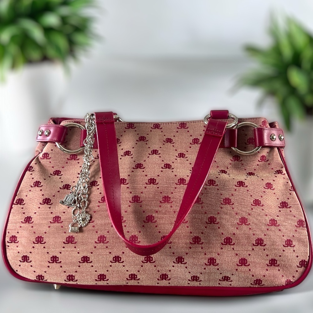J Lo by Jennifer Lopez Pink & Cream Shoulder Bag Monogram Fabric Silver Accent